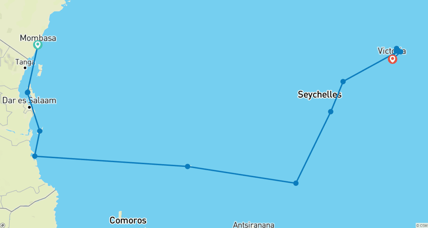 Mapa do percurso de Discover Seychelles, Tanzania and Kenya 2028