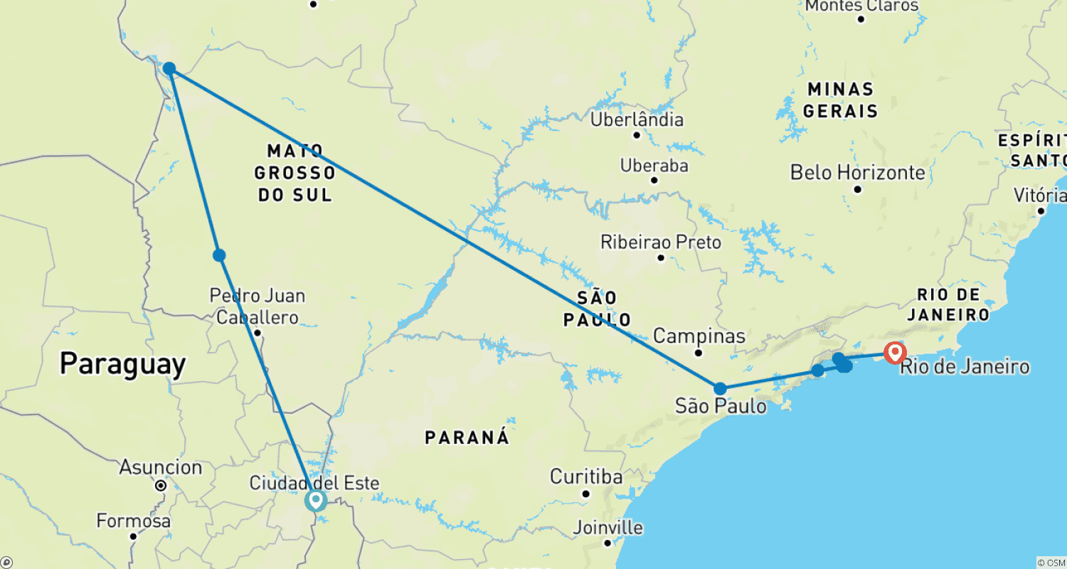 Mapa do percurso de Pantanal e Praias - Aventura das Cataratas do Iguaçu ao Rio (20 Dias)