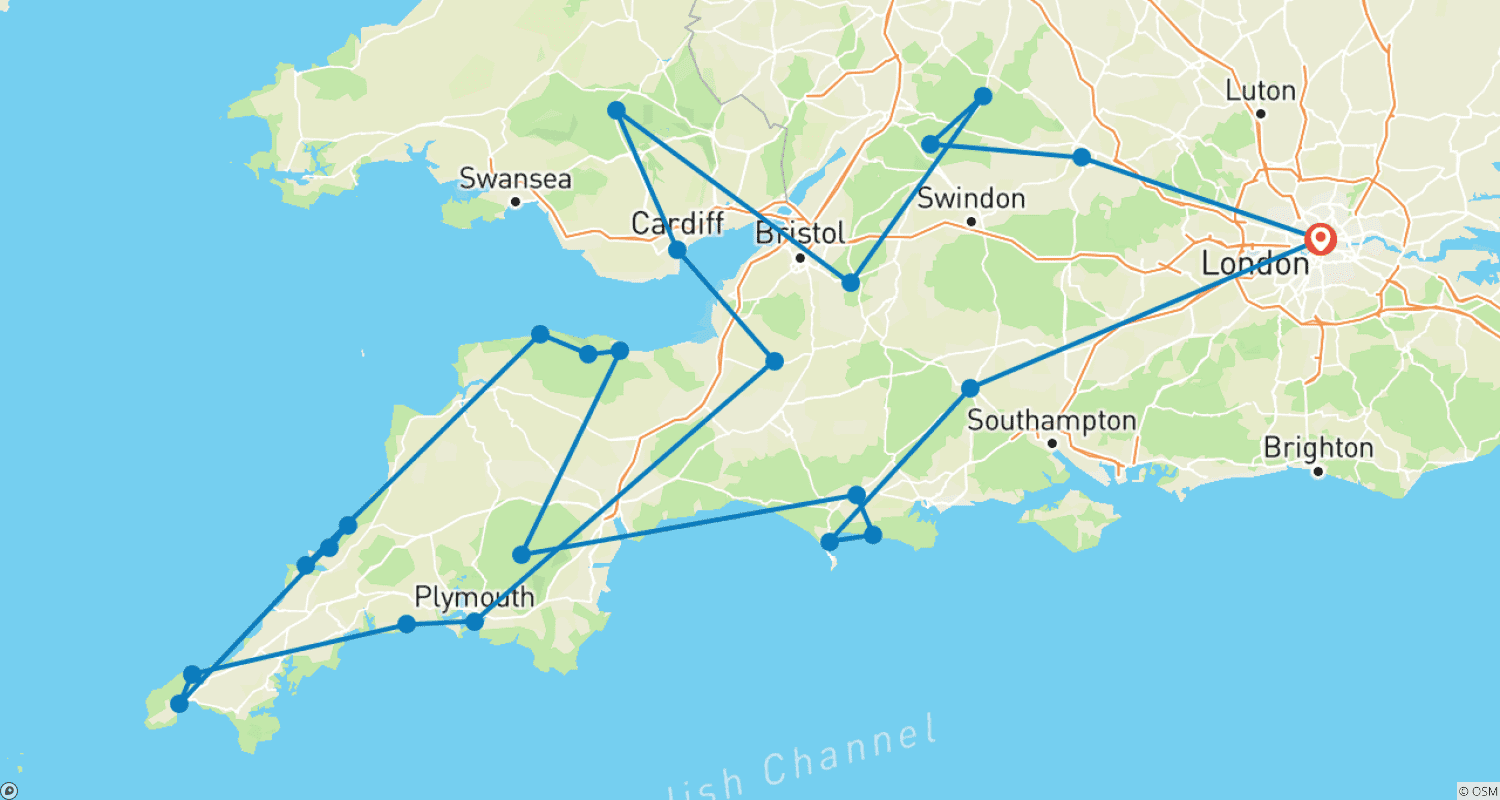 Mapa do percurso de Estradas Rurais de País de Gales, Devon e Cornualha (Clássico, 13 Dias) (incluindo Lynmouth)