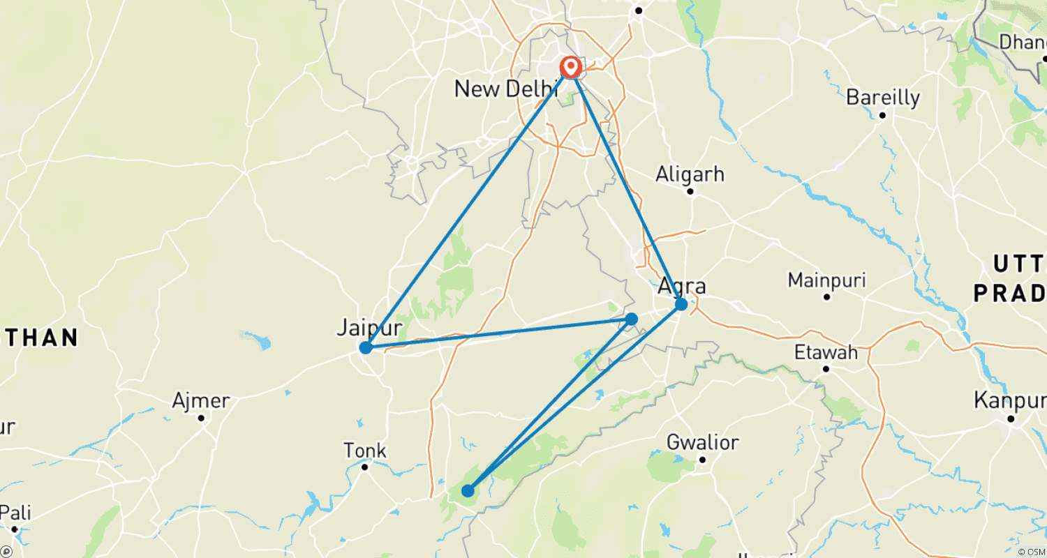 Mapa do percurso de De Delhi: Triângulo Dourado Privado com Safari de Vida Selvagem em Ranthambore Luxo 4 Estrelas