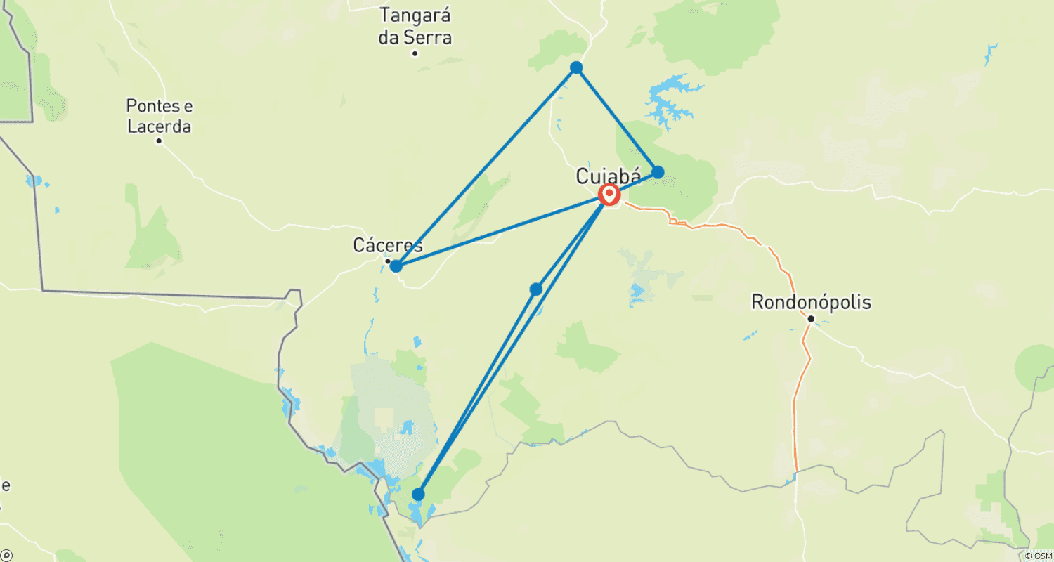 8-Day Luxury Amazon, Cerrado and Northern Pantanalのルートマップ