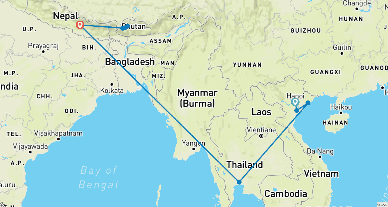 Mapa trasy: Skarby Wietnamu, Tajlandii, Nepalu i Bhutanu w 16 dni