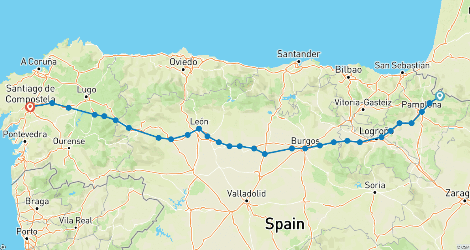 خريطة مسار Camino de Santiago · طريق القديس يعقوب · الطريق الفرنسي · من Roncesvalles إلى Santiago de Compostela