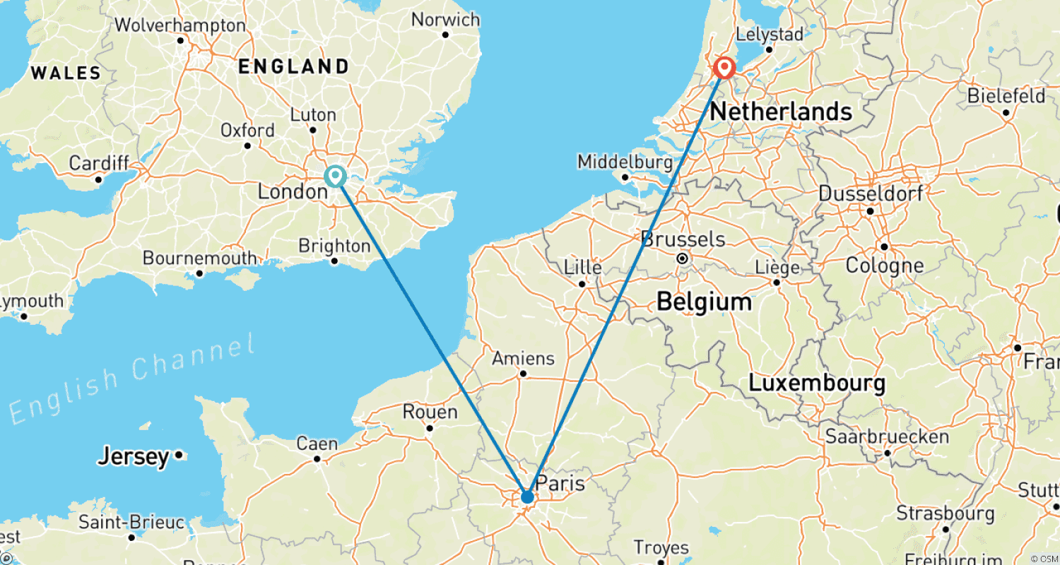 From Big Ben to Canals: London, Paris & Amsterdamのルートマップ