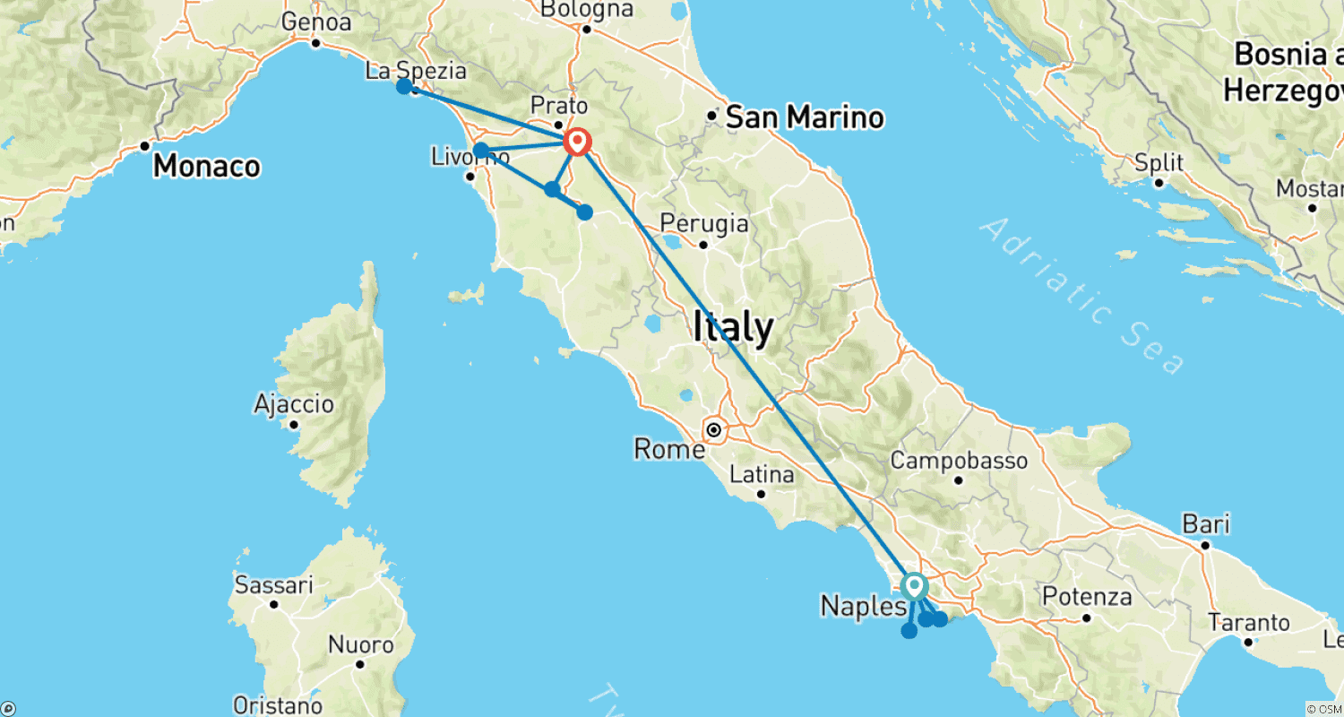 Mapa trasy: Włochy w 7 dni: od Neapolu do Florencji przez Capri, Wybrzeże Amalfi i Toskanię