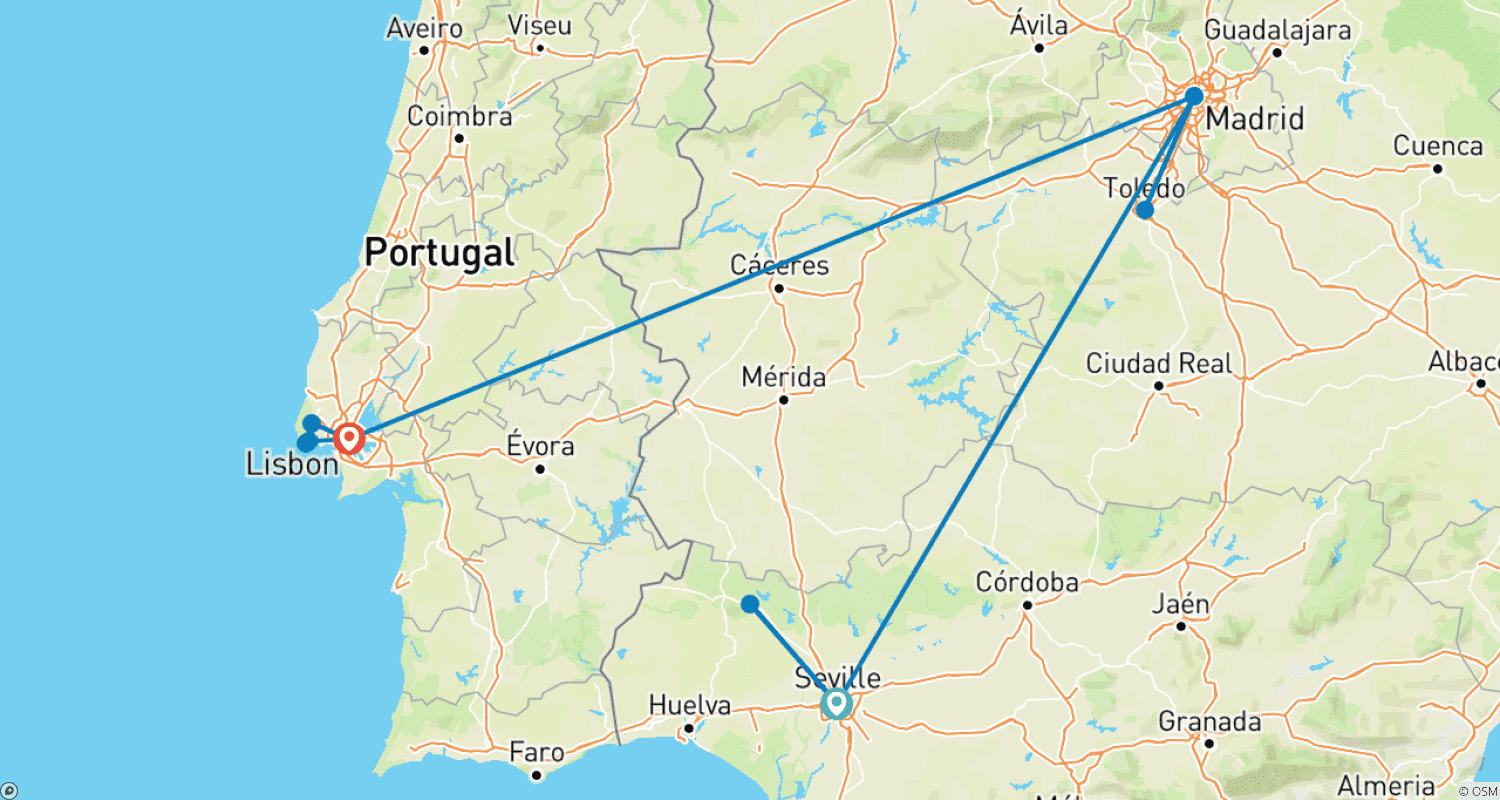 Mapa do percurso de 10 Days Seville, Madrid & Lisbon: Old World Elegance