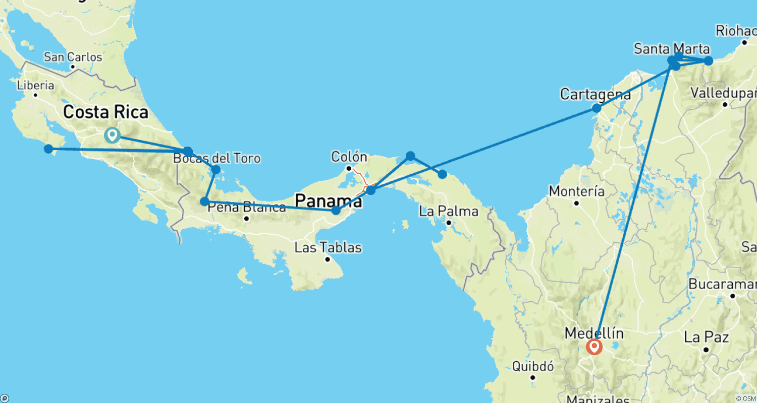 Mapa do percurso de Central and South American Adventure: From Costa Rica to Colombia