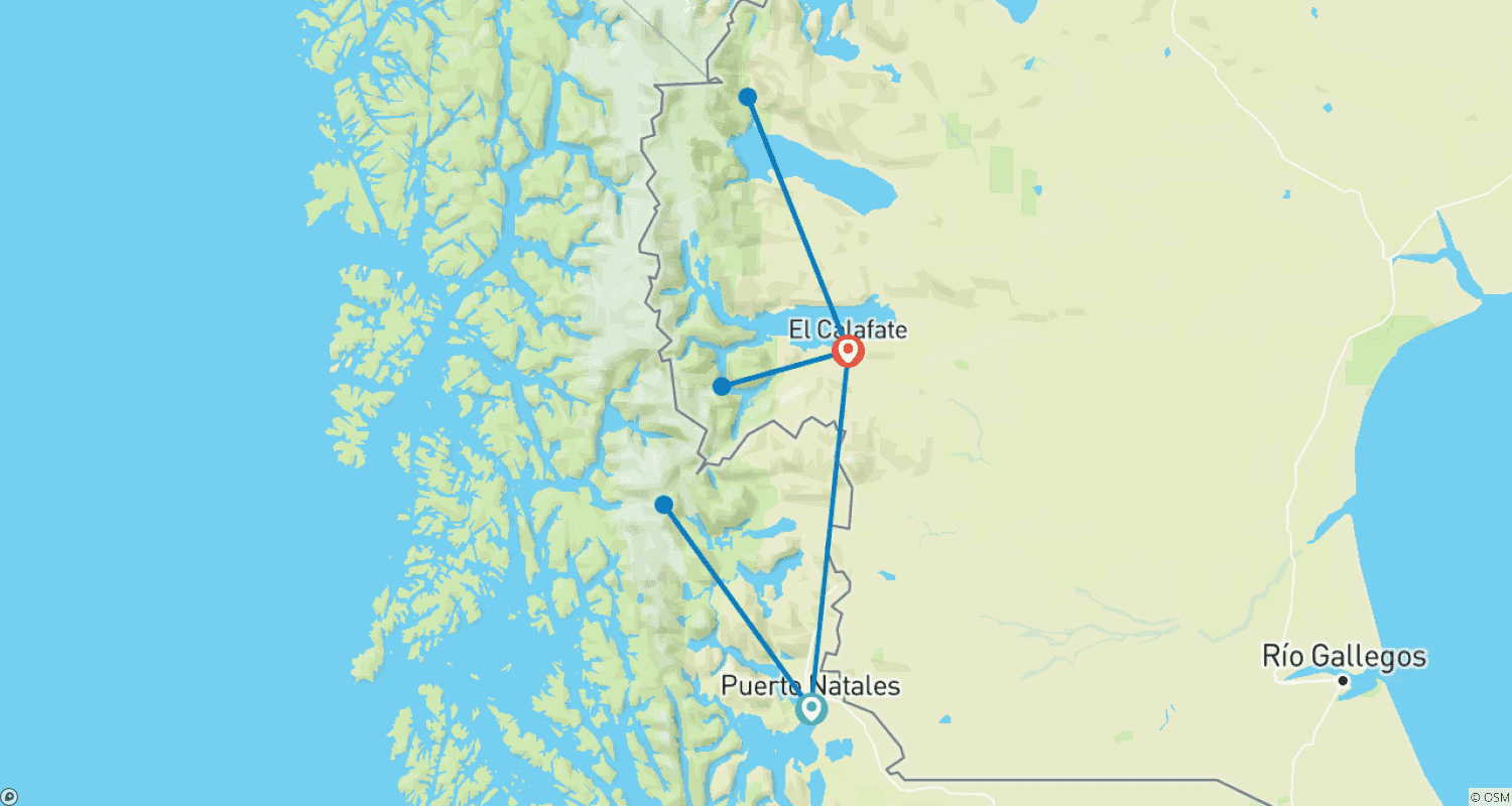 Mapa do percurso de Patagônia: Lagos Turquesa e Torres del Paine