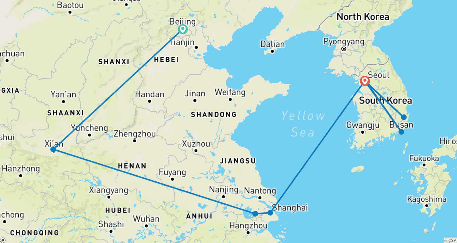 Mapa do percurso de China e Coreia do Sul: Aventura no Leste Asiático