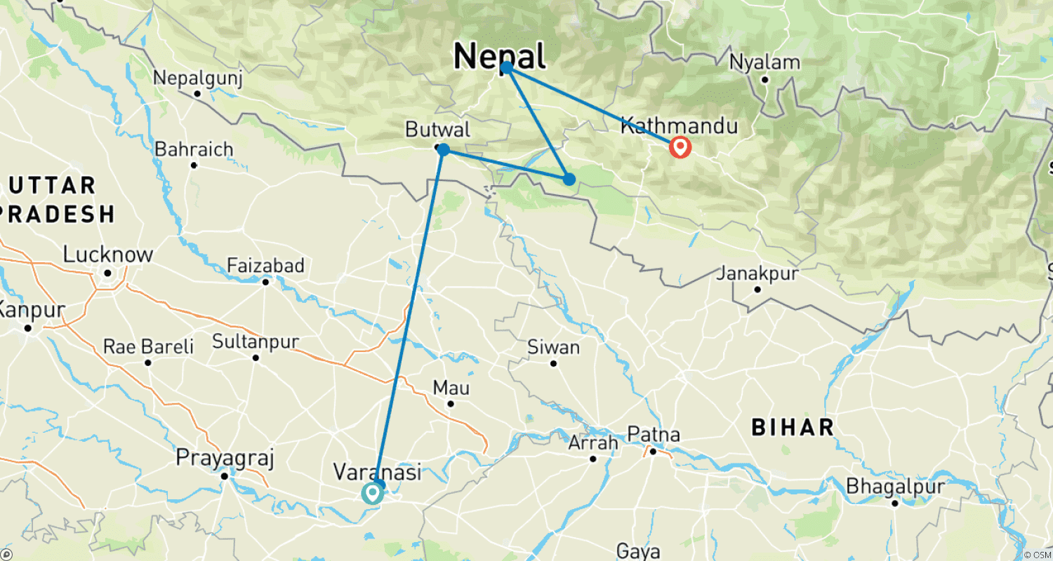 India & Nepal on a Budget: Varanasi to Kathmanduのルートマップ