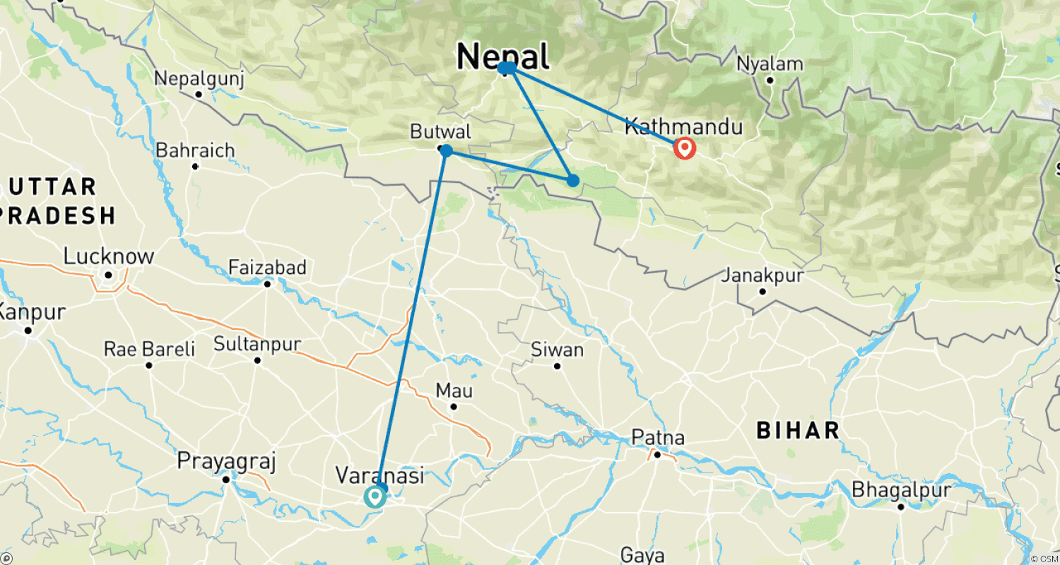 خريطة مسار Varanasi إلى Kathmandu: المعابد والمسارات ونزهات الهيمالايا