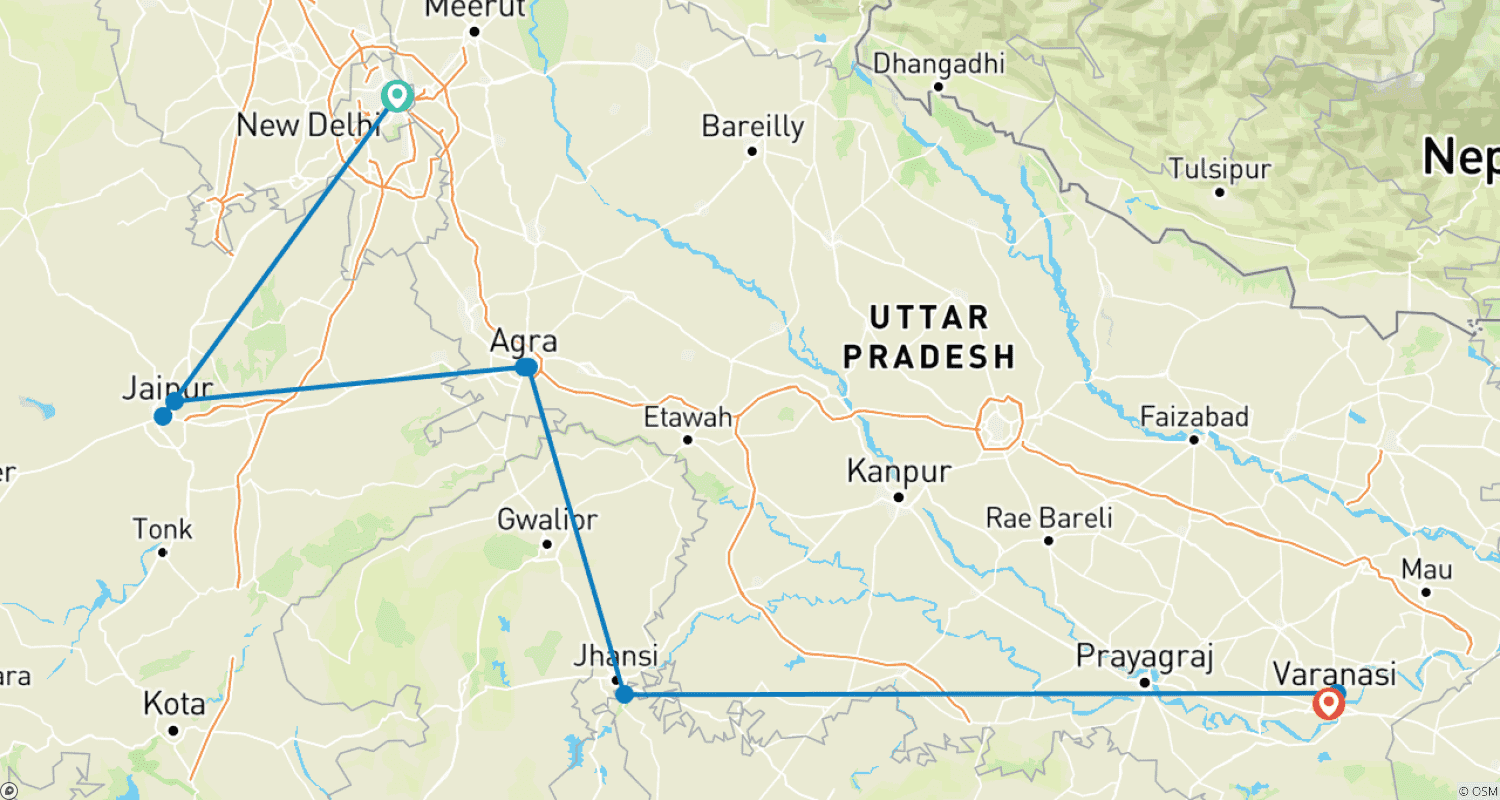 India’s Golden Triangle: Taj Mahal to the Gangesのルートマップ