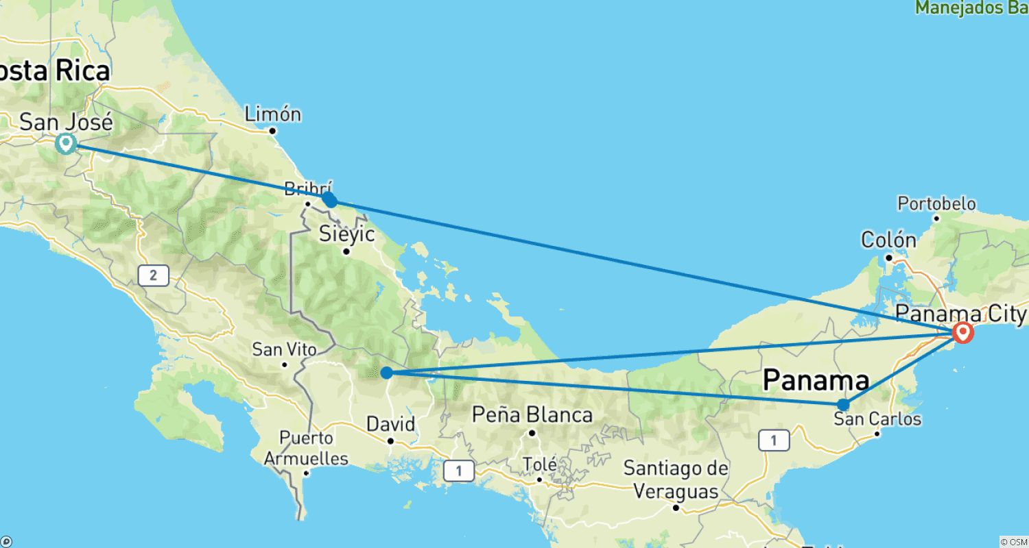 Mapa do percurso de Costa Rica ao Panamá: Surf, Trilhas e Céus Estrelados