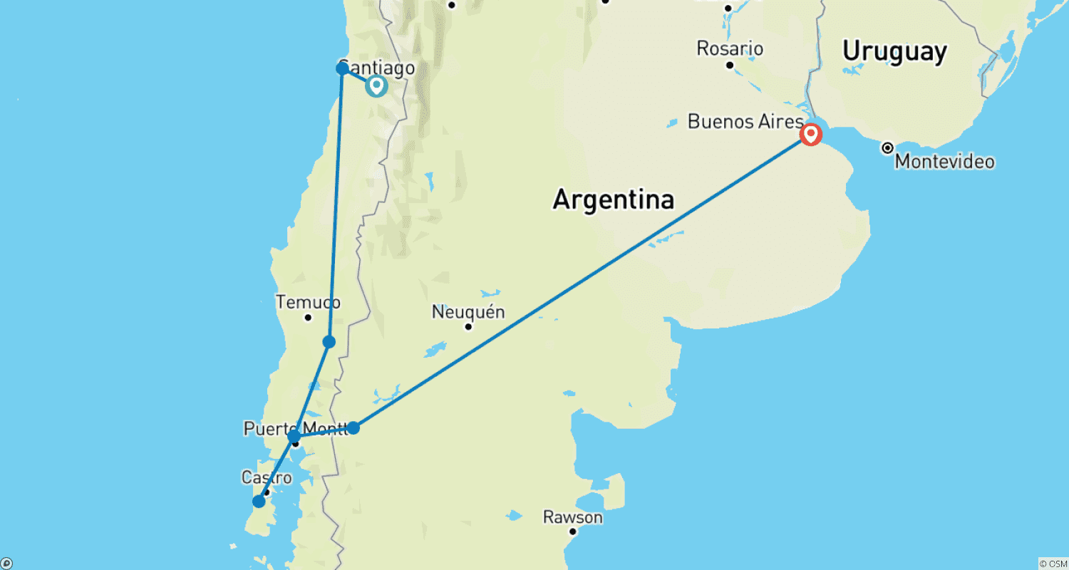 Mapa do percurso de Santiago a Buenos Aires: Vulcões, Vales e a Região dos Lagos