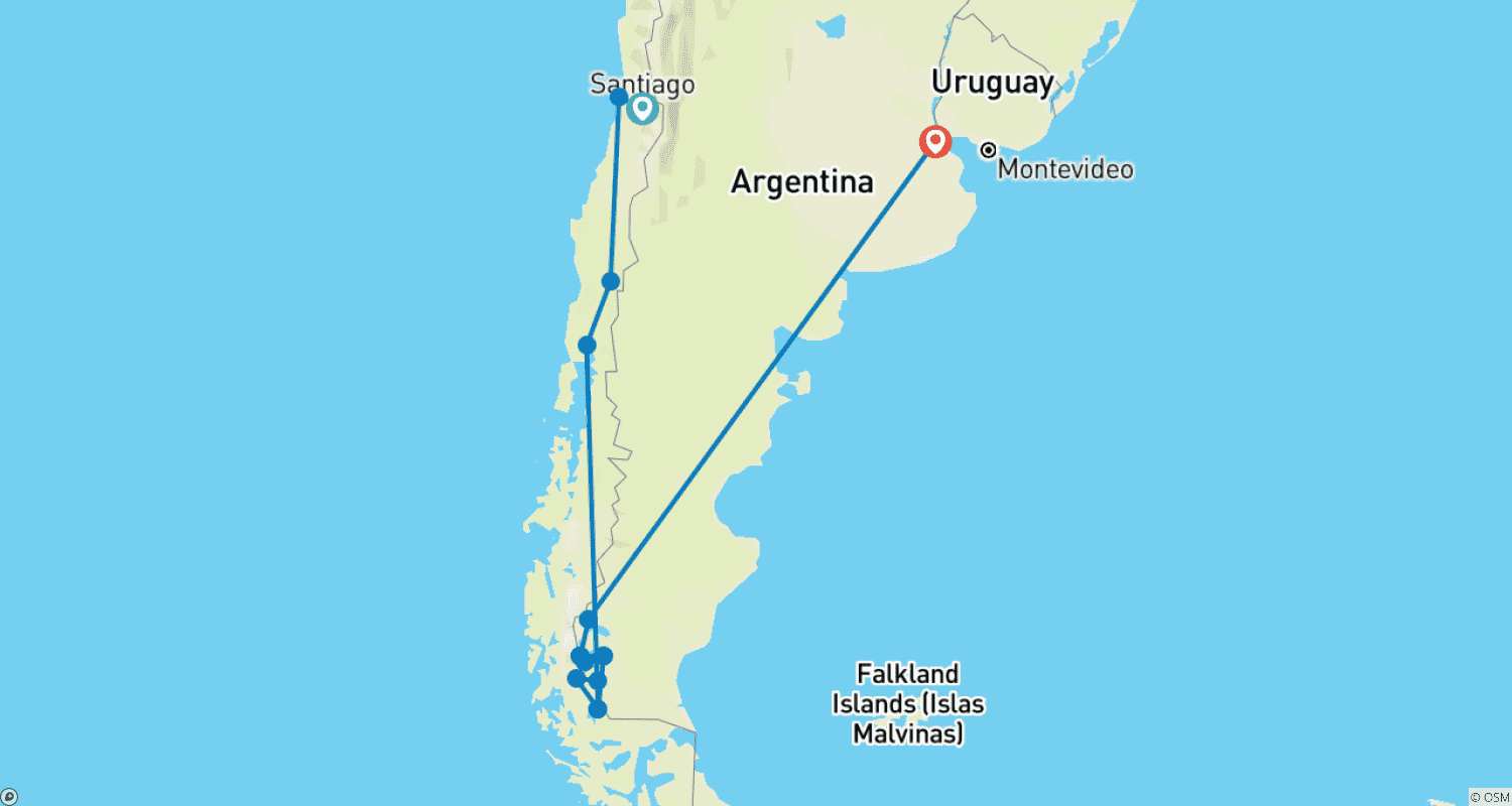 Mapa do percurso de Chile à Argentina: Picos da Patagônia e Noites Estreladas