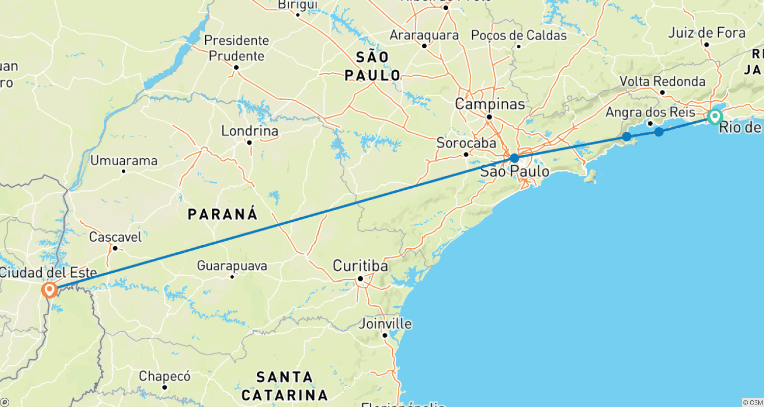 خريطة مسار من ريو إلى شلالات إيغواسو + Ilha Grande وParaty (15 يومًا)
