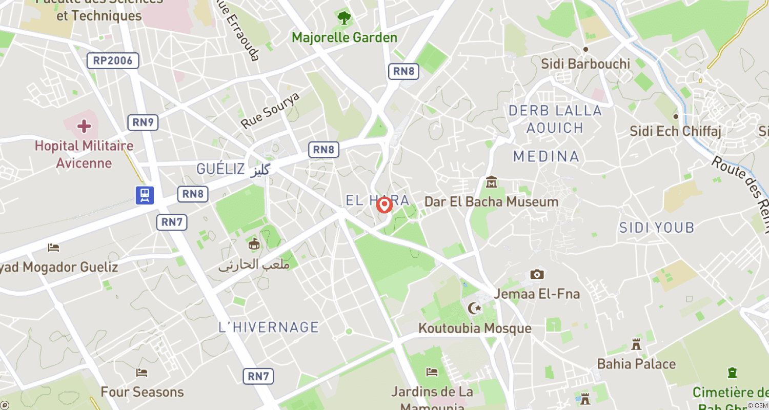 Mapa do percurso de Marraquexe: Palácio da Bahia, Madraça Ben Youssef e Excursão ao Souk e à Medina