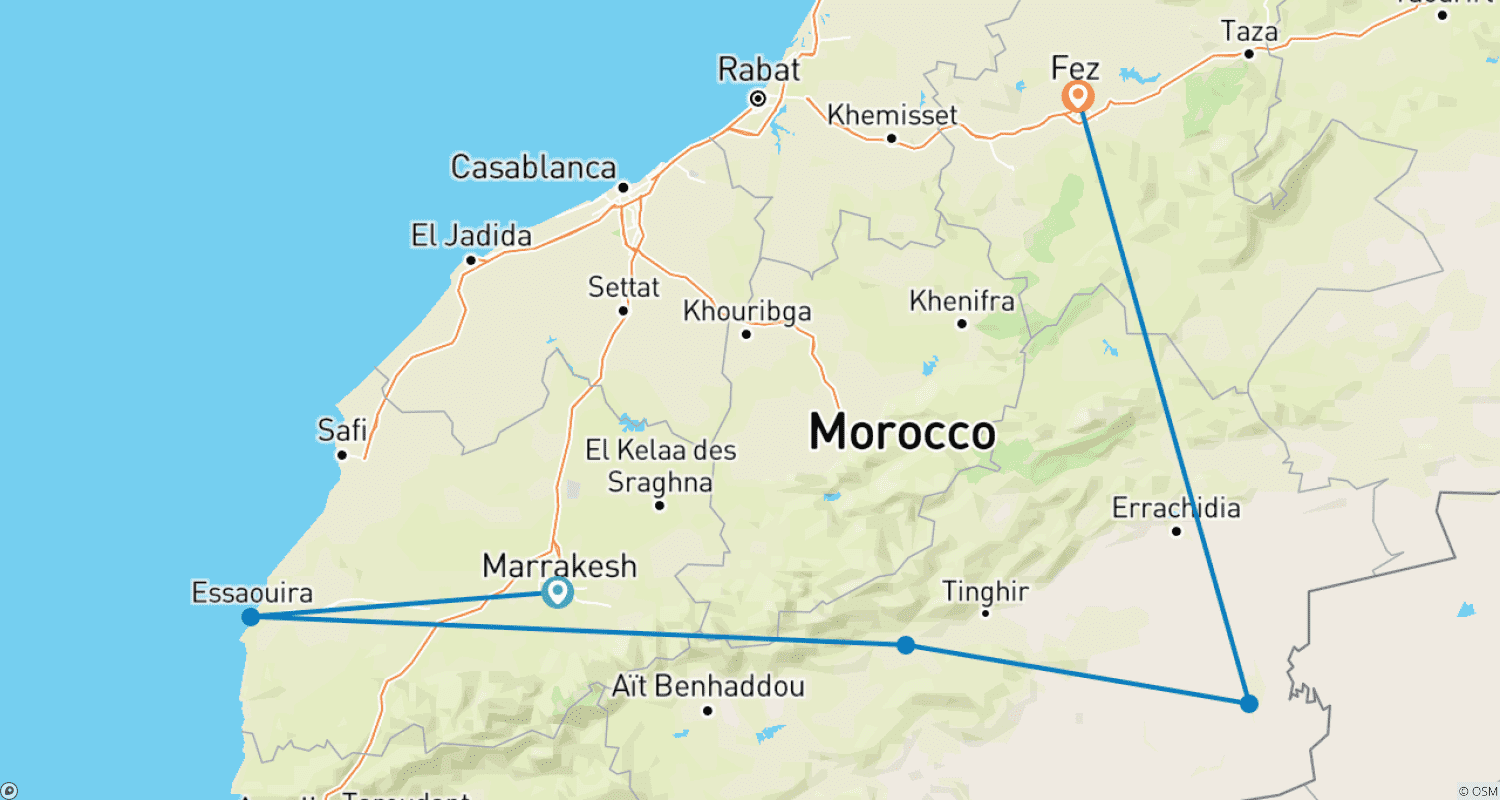 Mapa trasy: 6 Dni Pustynna Wycieczka po Maroku z Marrakeszu