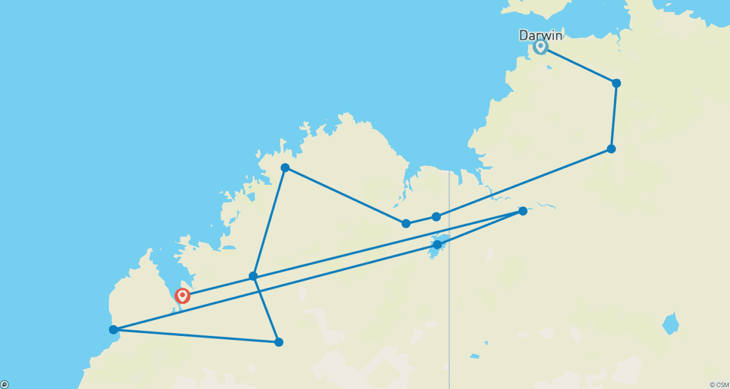 Mapa do percurso de A Aventura por Kimberley e Arnhem Land