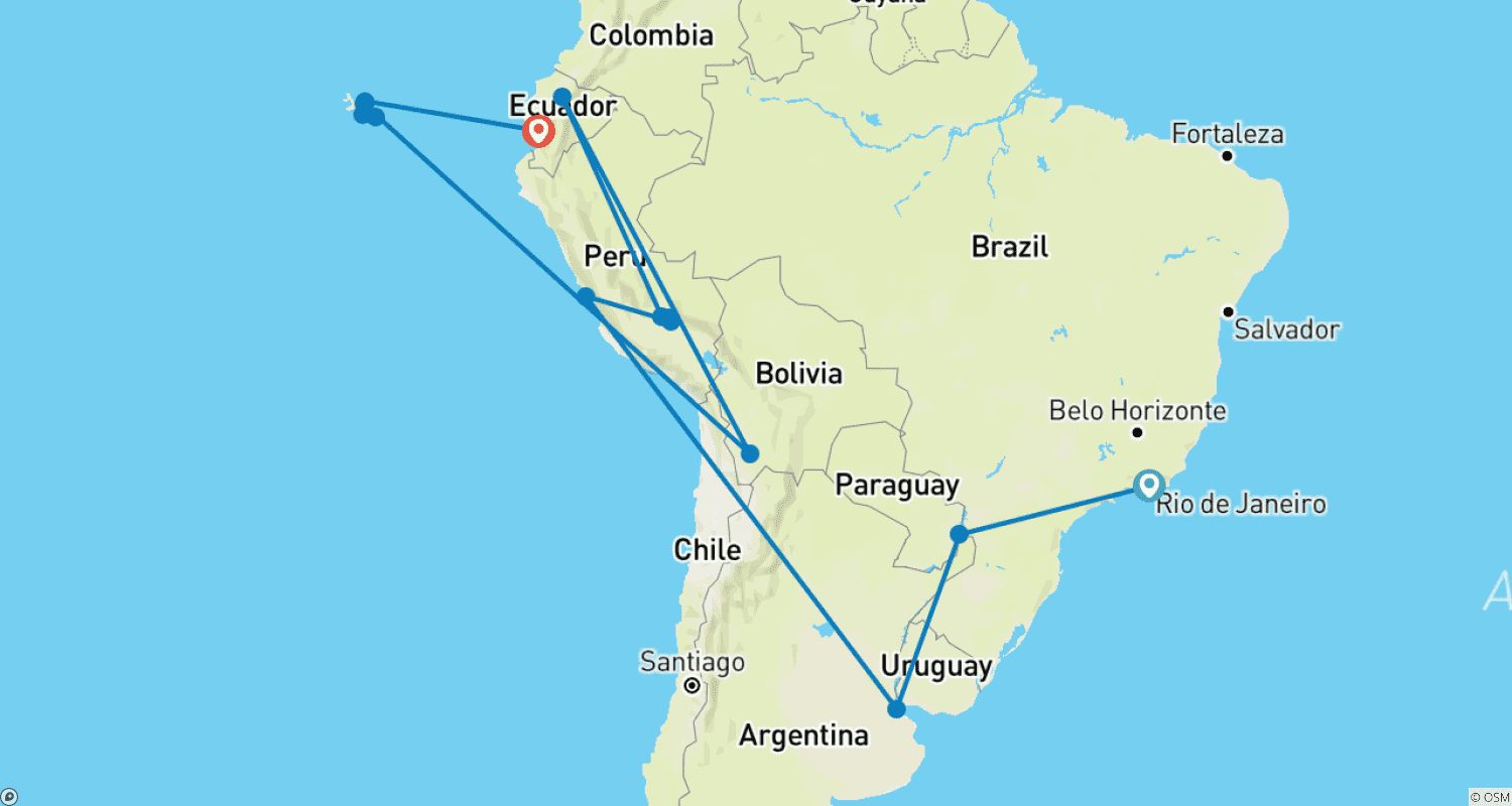 South American Discovery with Galápagos Cruise (15 destinations)のルートマップ