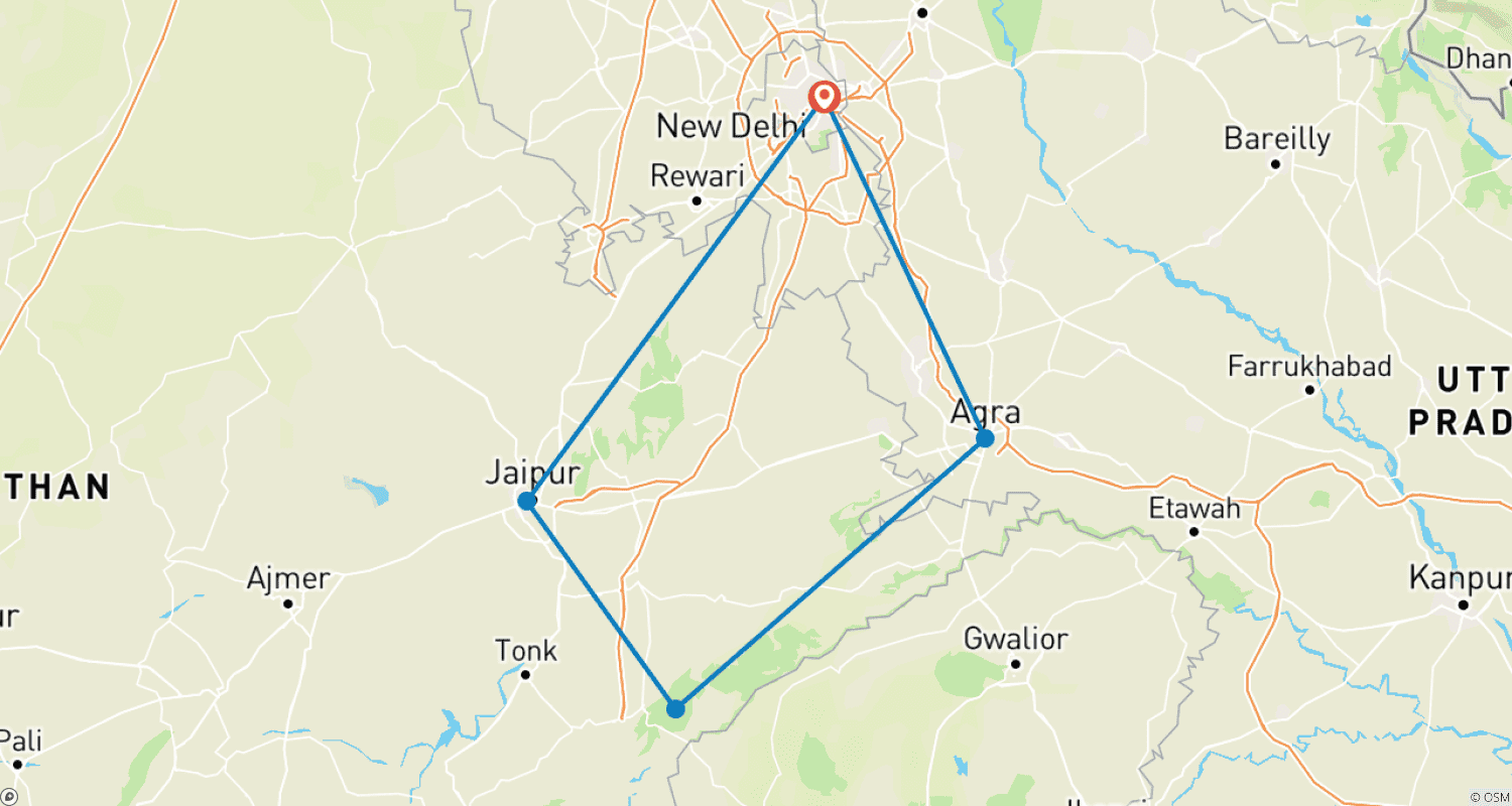 Mapa trasy: 4 Dni Złoty Trójkąt z Safari z tygrysami w Ranthambore - Tadż Mahal o wschodzie/zachodzie słońca