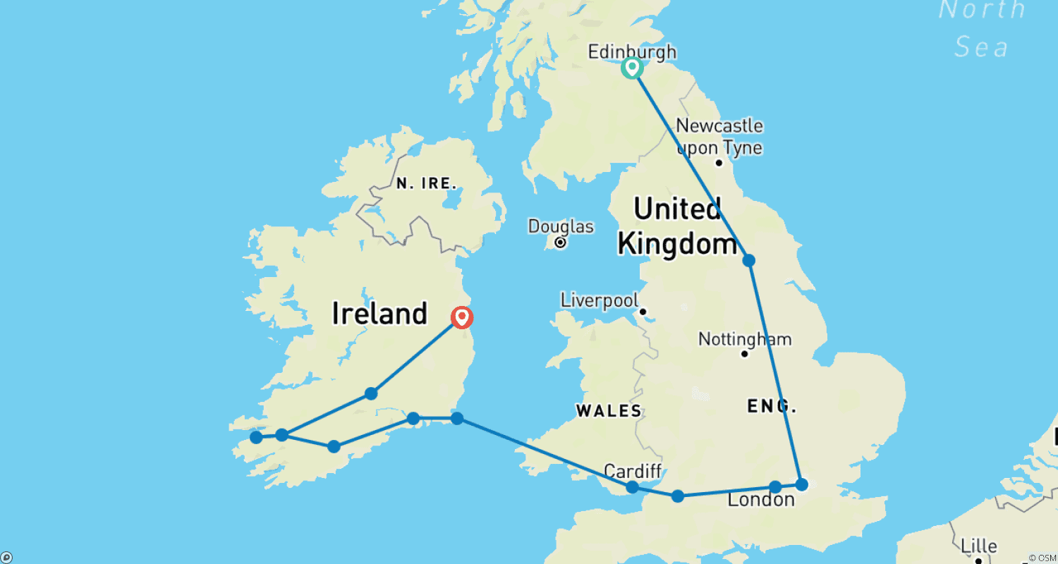 Mapa do percurso de Explorando a Grã-Bretanha e a Irlanda, incluindo Inglaterra, Irlanda, Escócia e País de Gales (de Edimburgo a Dublin) (2026)