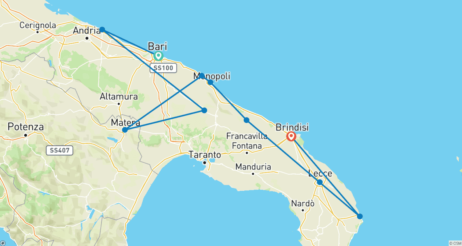 Mapa trasy: Wycieczka po Apulii i Basilicacie: cuda Południowych Włoch