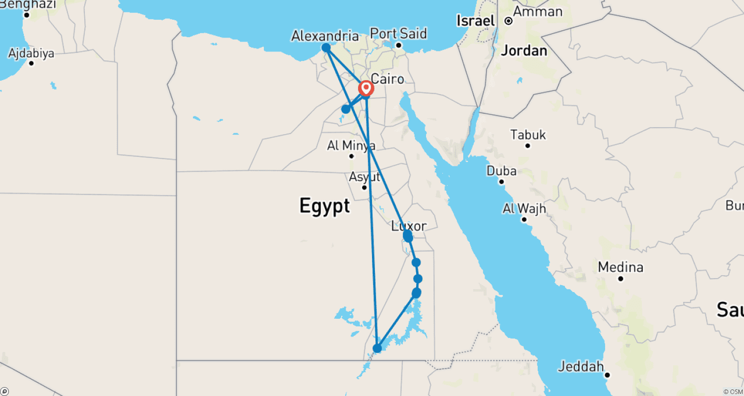 خريطة مسار مصر إيليت لمدة 10 أيام: شامل بالكامل فندق 5 نجوم مع رحلات دولية من أي مكان (GEM - بالون هوائي - أبو سمبل - الإسكندرية)