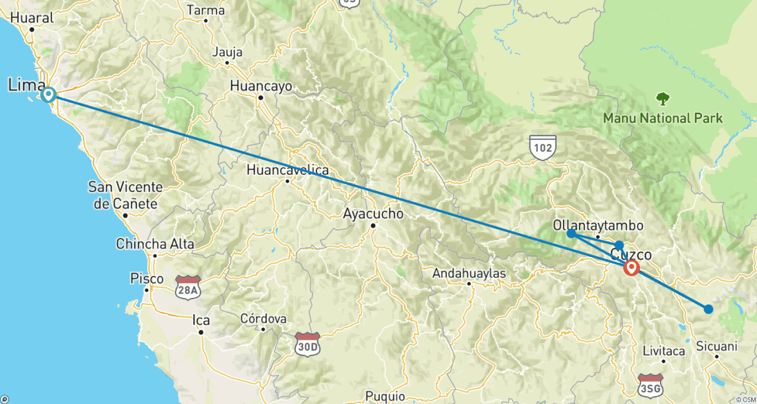 Mapa do percurso de Peru's Epic 8-Day Adventure