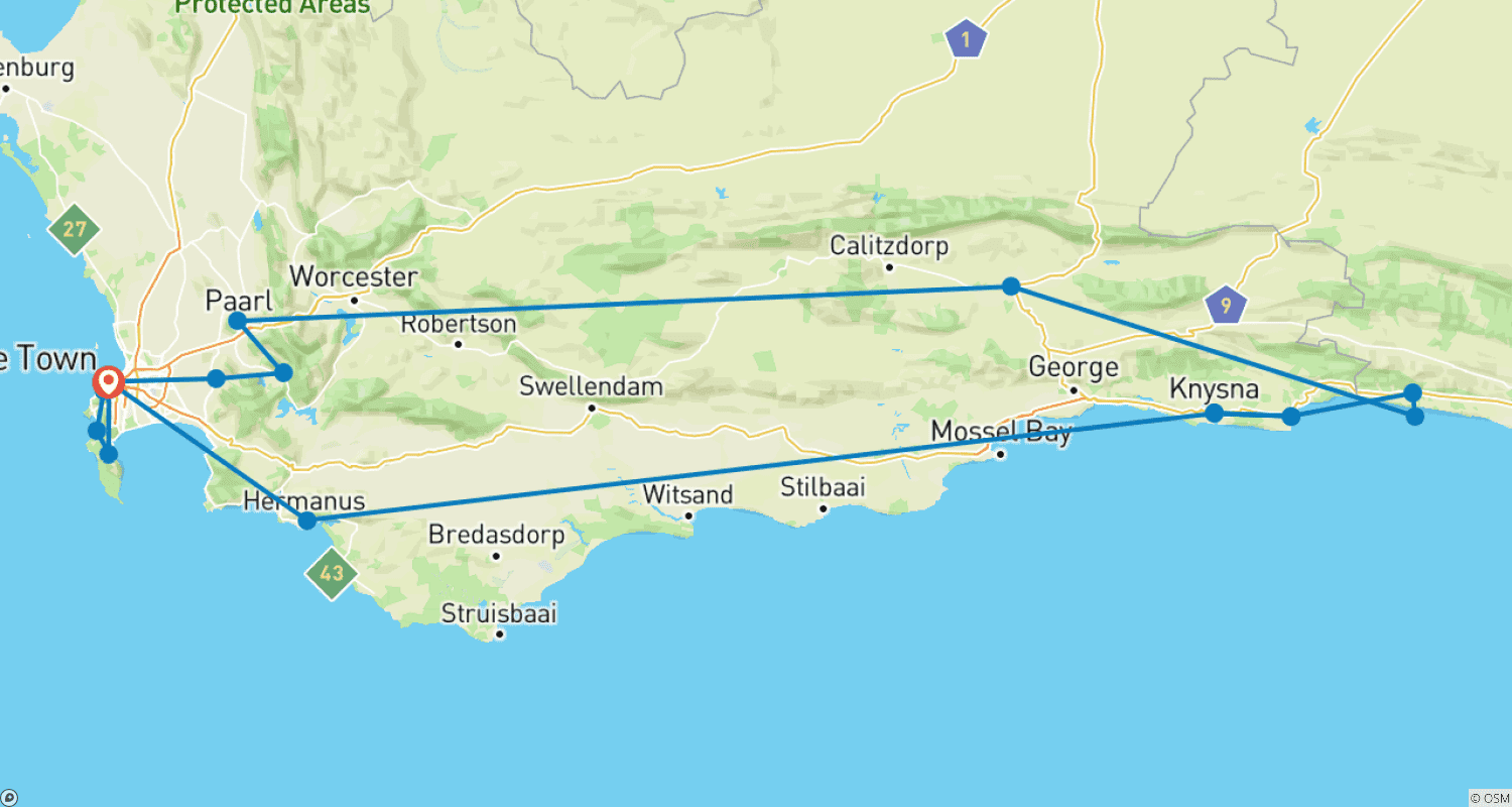 Mapa trasy: 12-dniowa rodzinna wycieczka grupowa – Kapsztad i Szlak Ogrodów