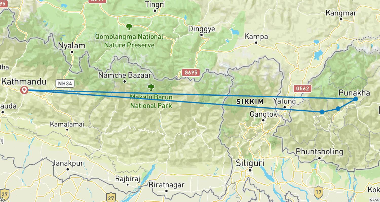 Mapa trasy: 11-dniowa prywatna wycieczka po Nepalu i Bhutanie
