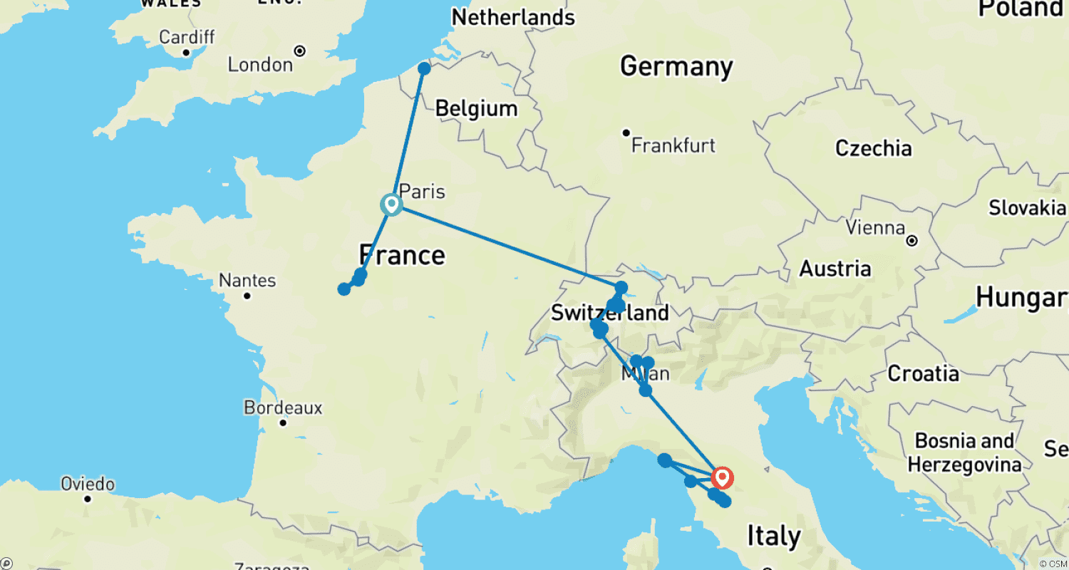 Mapa do percurso de Excursão de 14 Dias: Descoberta de Paris, Zurique, Milão e Florença