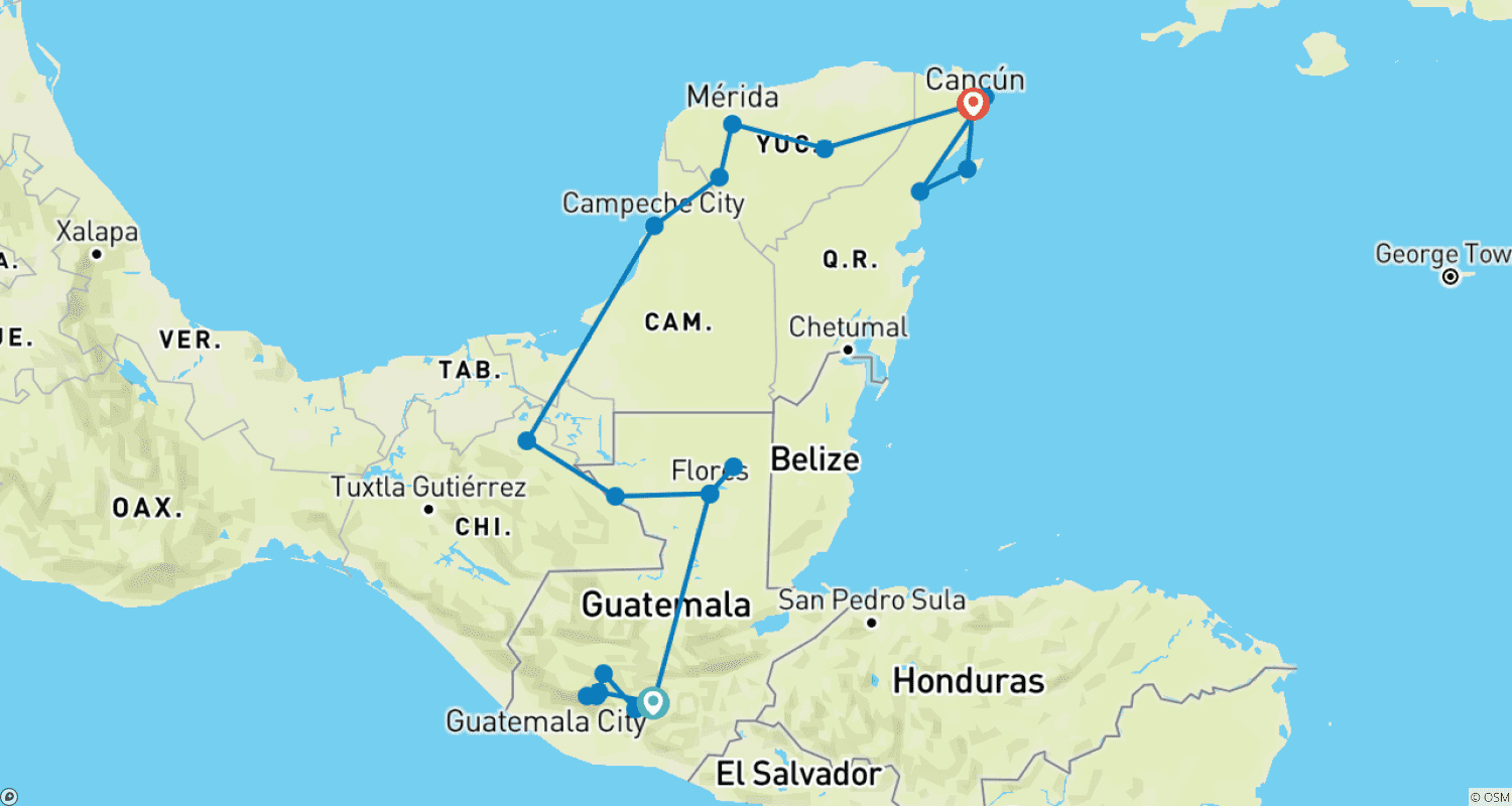 Guatemala and Mexico - 11 Daysのルートマップ
