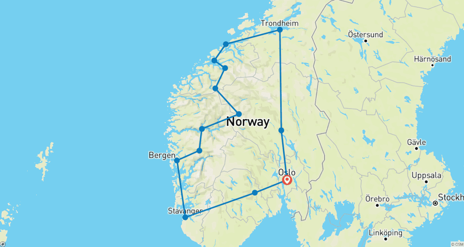 ノルウェー周遊旅行 - 11日間 フィヨルドの壮大な自然の絶景のルートマップ