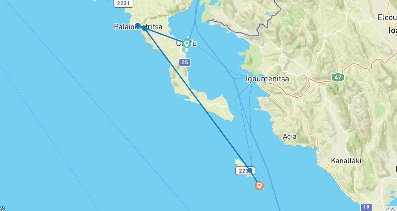 Mapa do percurso de The Hidden Treasures of South Corfu