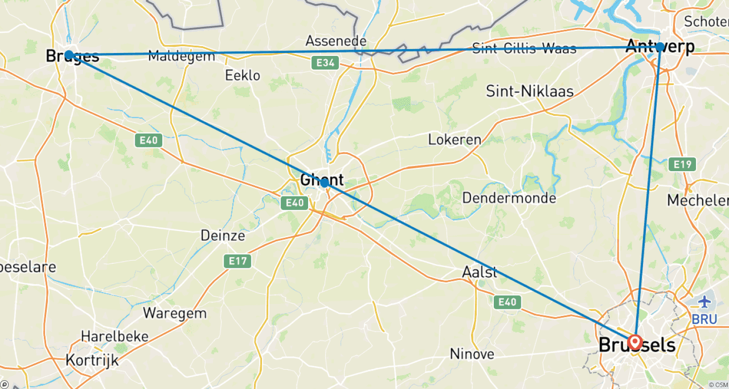 Mapa do percurso de Bélgica Expresso: Antuérpia, Gante, Bruges e Bruxelas