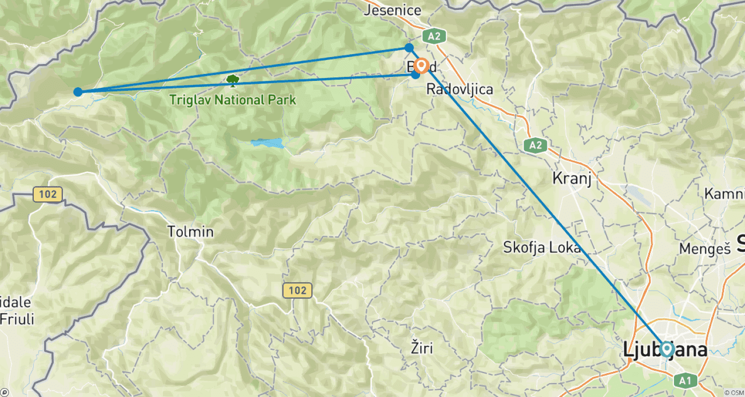 Mapa do percurso de Eslovênia: Aventuras de Adrenalina nos Alpes Julianos
