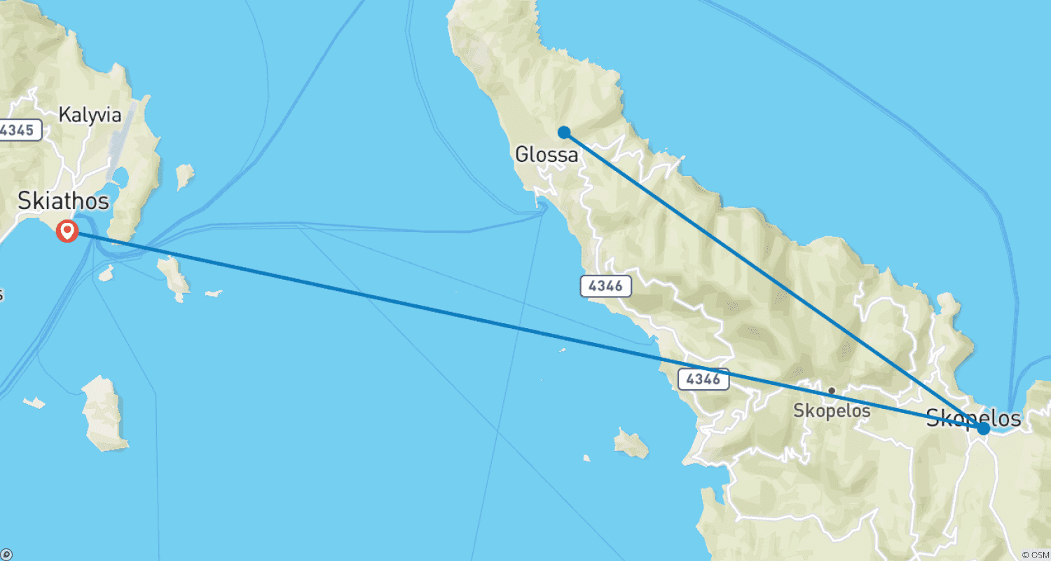 Mapa do percurso de Skiathos, Skopelos, Mamma Mia!