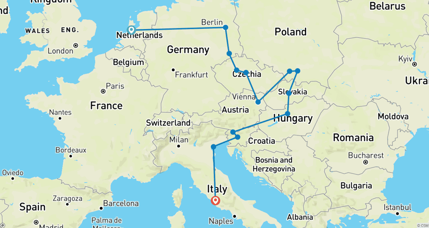 Mapa do percurso de Trilha de Londres a Roma (Padrão, Verão (Até Mar '27), Início Amsterdã, Clássico)