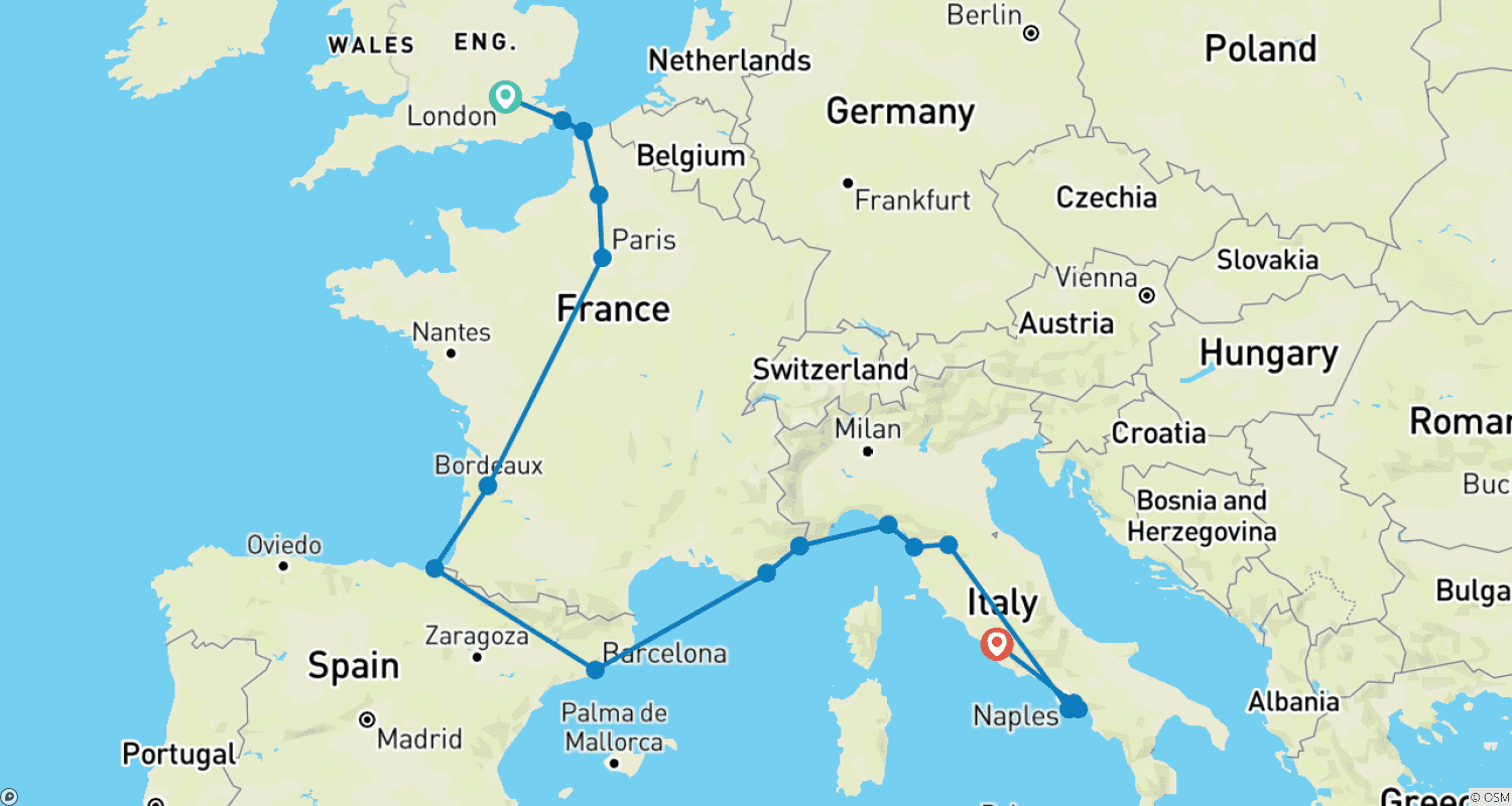 Mapa trasy: Wyprawa z Londynu do Rzymu (Standardowy, Zimowy (do marca '27), Początek w Londynie, Klasyczny)