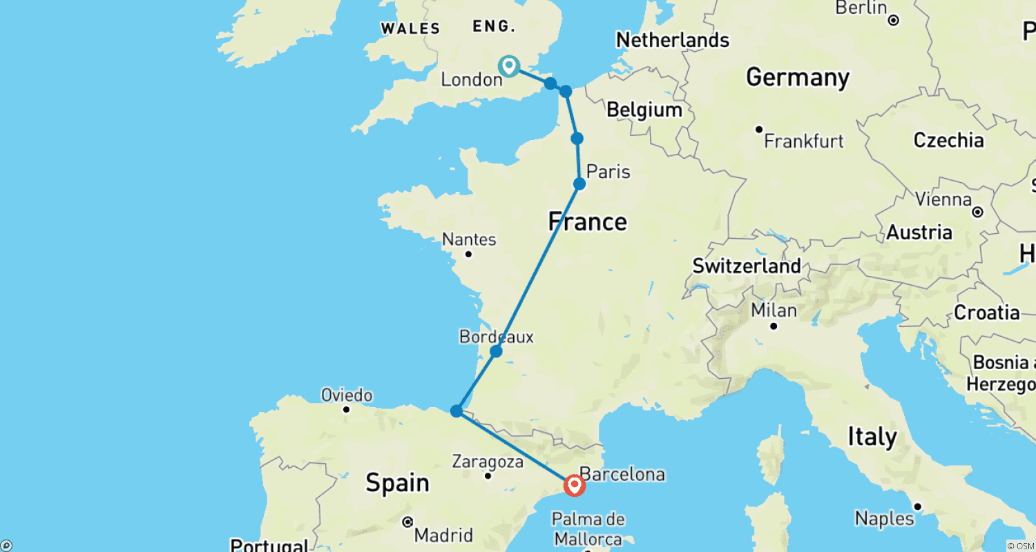 Mapa trasy: Wyprawa z Londynu do Barcelony (Standardowy, Lato (do marca '27), Start z Londynu, Klasyczny)