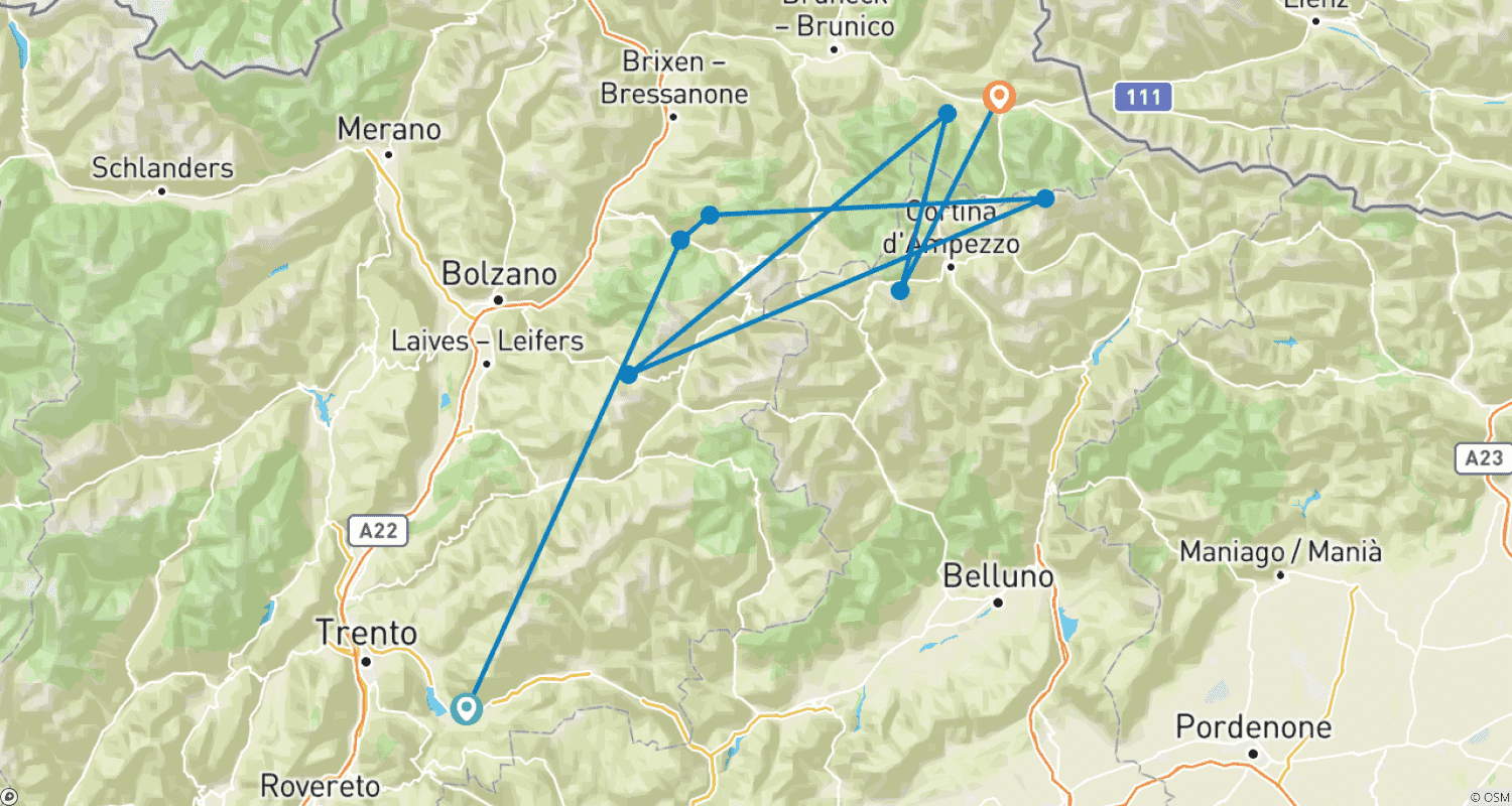 The Ultimate Adventure in the Dolomitesのルートマップ