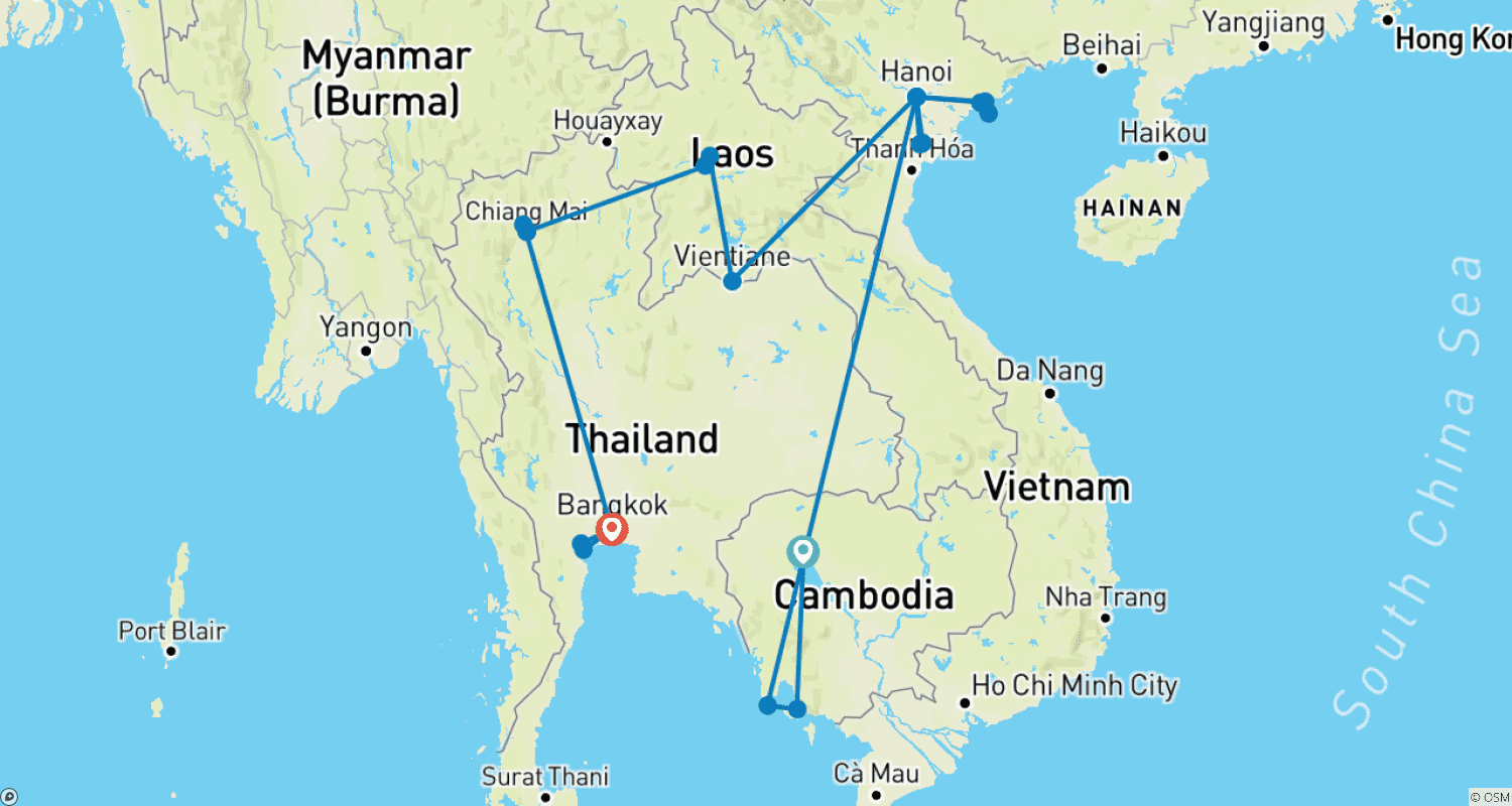 インドシナとタイの真髄：21日間 カンボジア、ベトナム、ラオス、タイのルートマップ