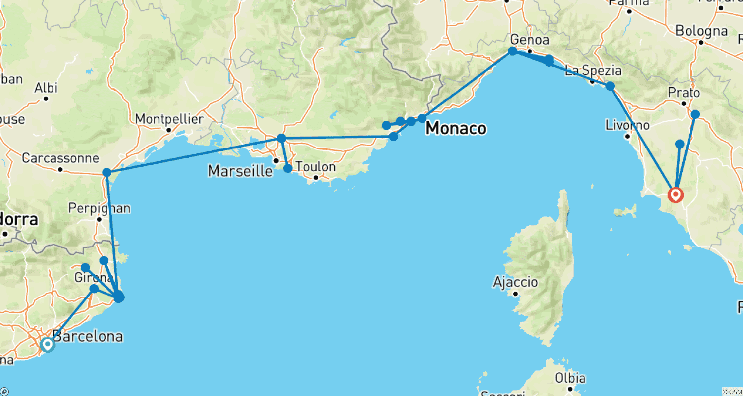 Mapa do percurso de Viagem Costeira Mediterrânea Espanha, França e Itália (De Barcelona ao Campo Toscano) (2026)