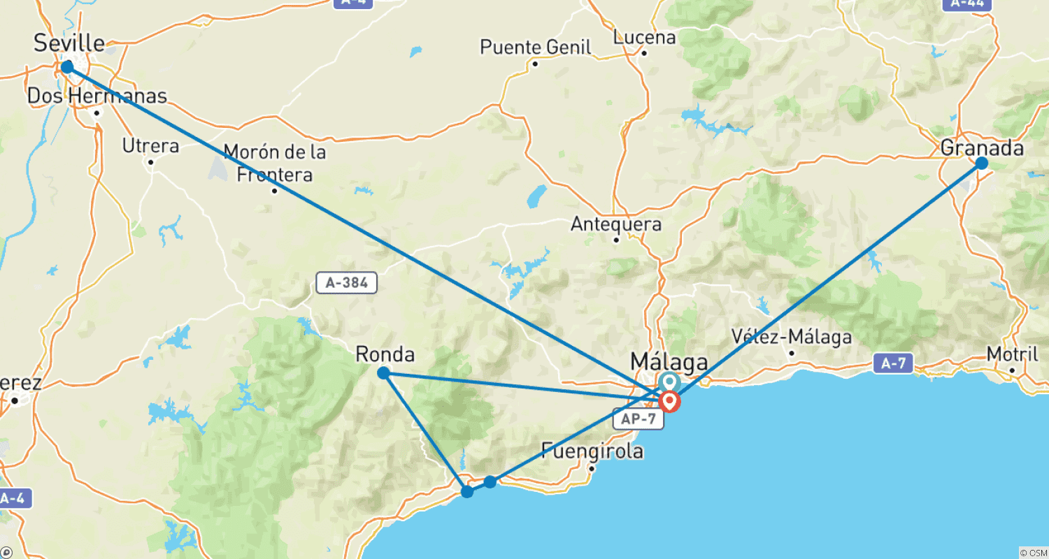 アンダルシア 往復ツアー | Viva Andalucía サイトツアーのルートマップ