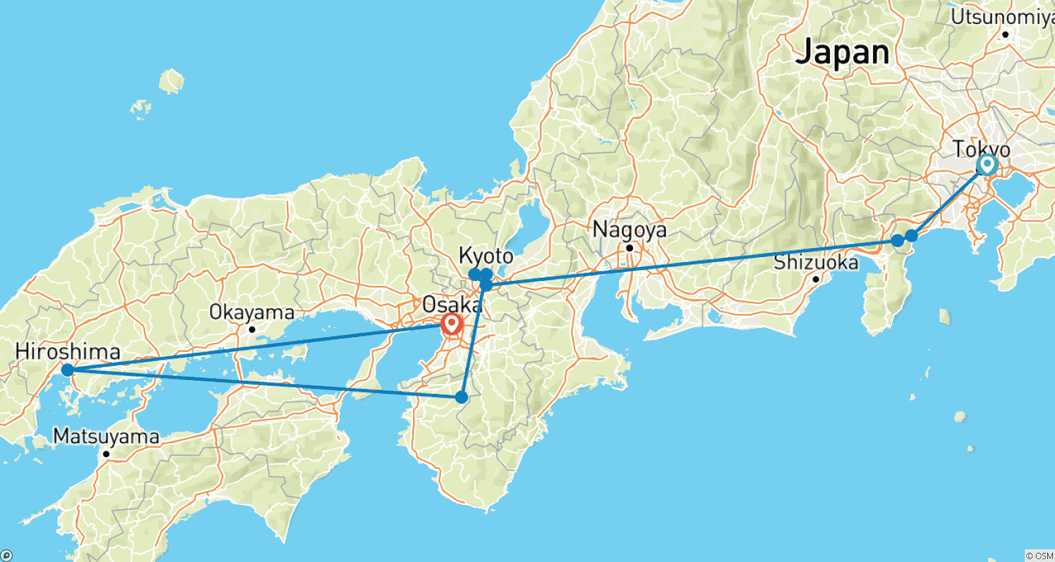 日本の伝説（東京から大阪へ）のルートマップ