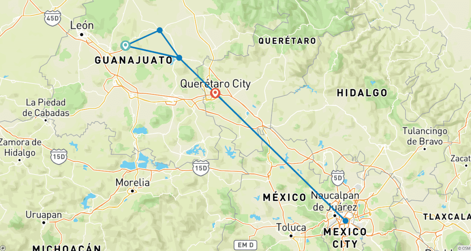 Mapa do percurso de Central Mexico Adventure: History, Culture & Culinary Delights