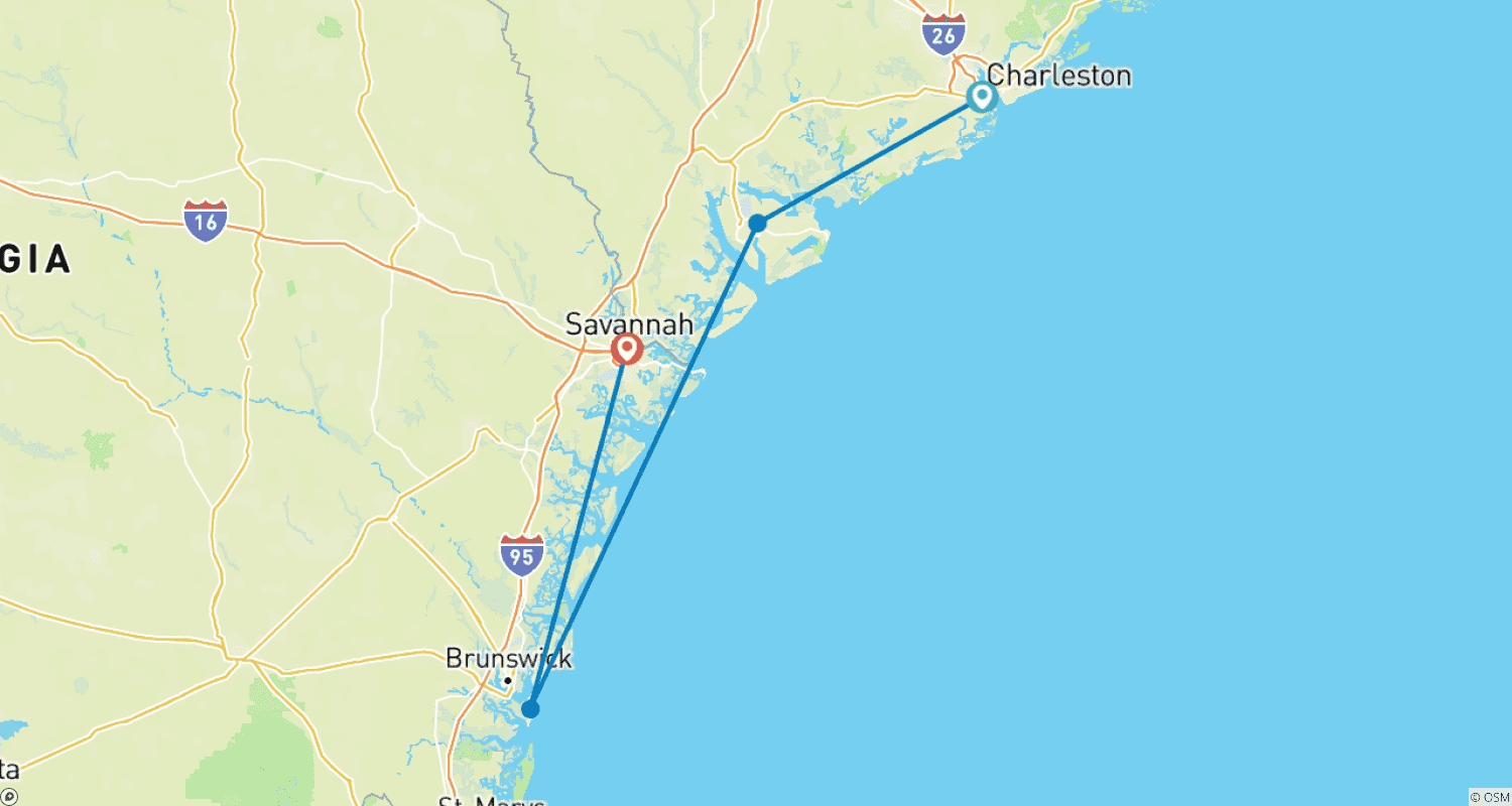 Mapa do percurso de Encantos do Sul (de Charleston a Savannah)