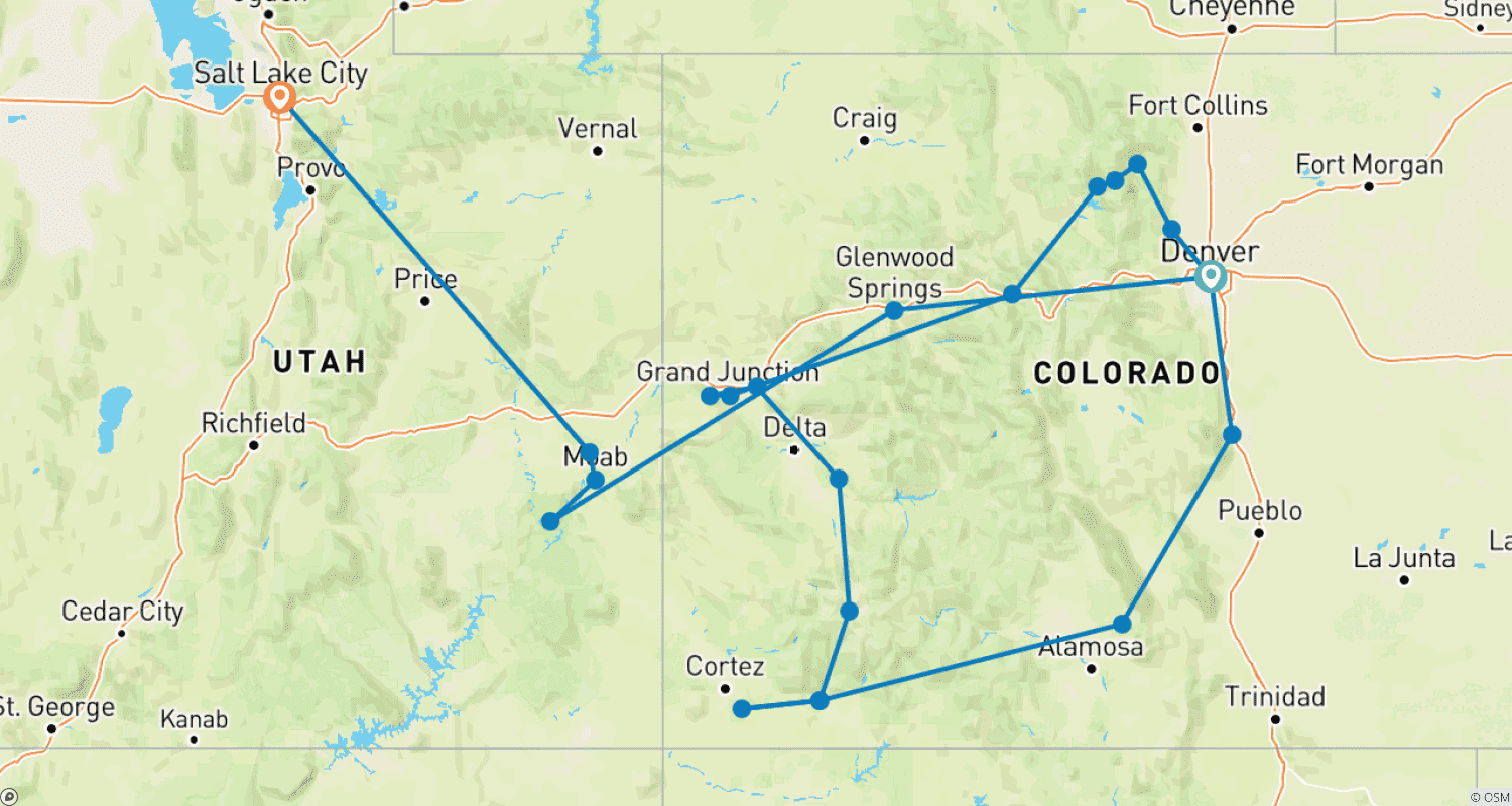 Colorful Colorado: Parks, Peaks & Panoramas with Canyon Spiritのルートマップ