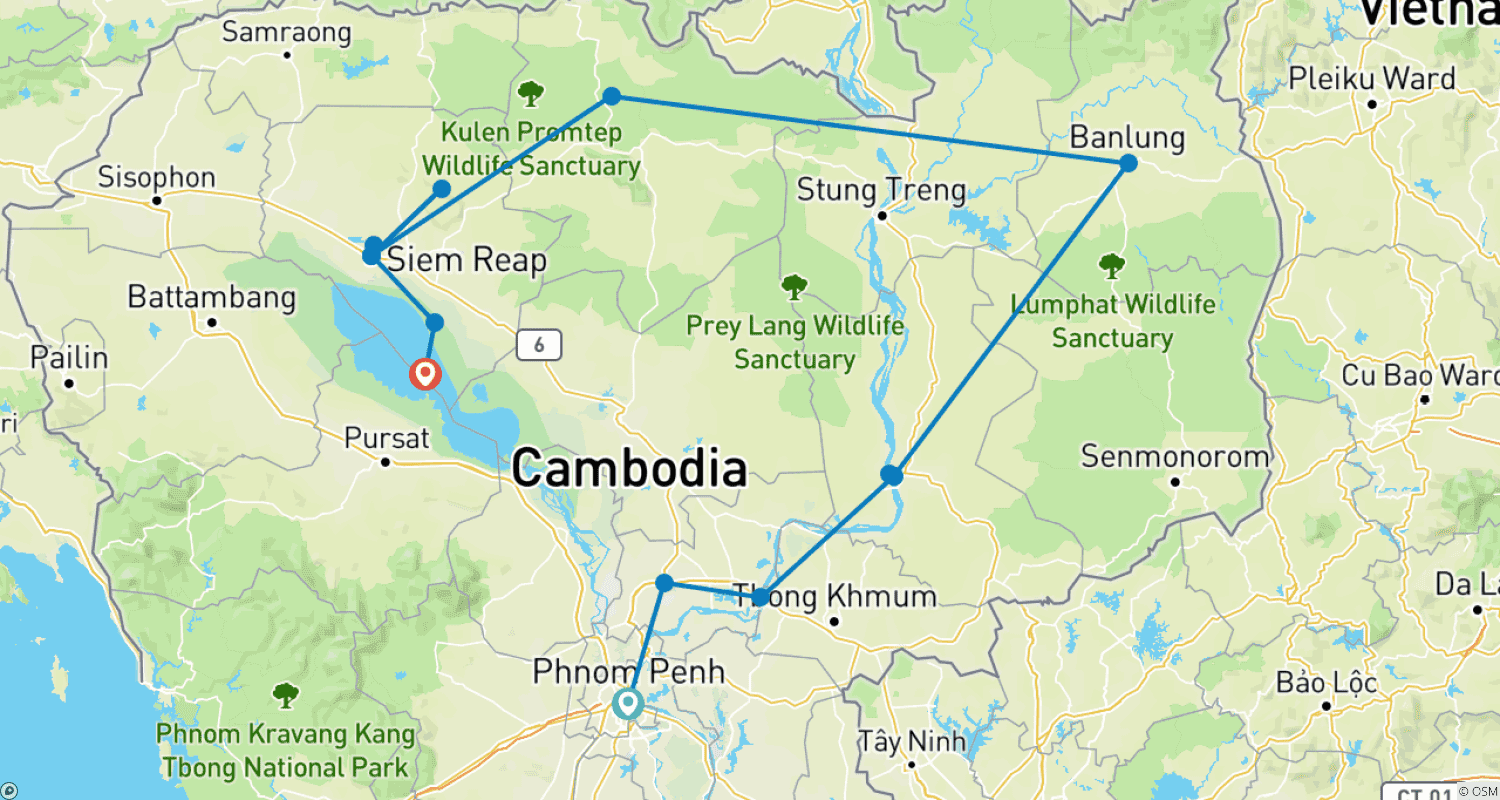 Hike From Phnom Penh to Siem Reap - 10 daysのルートマップ
